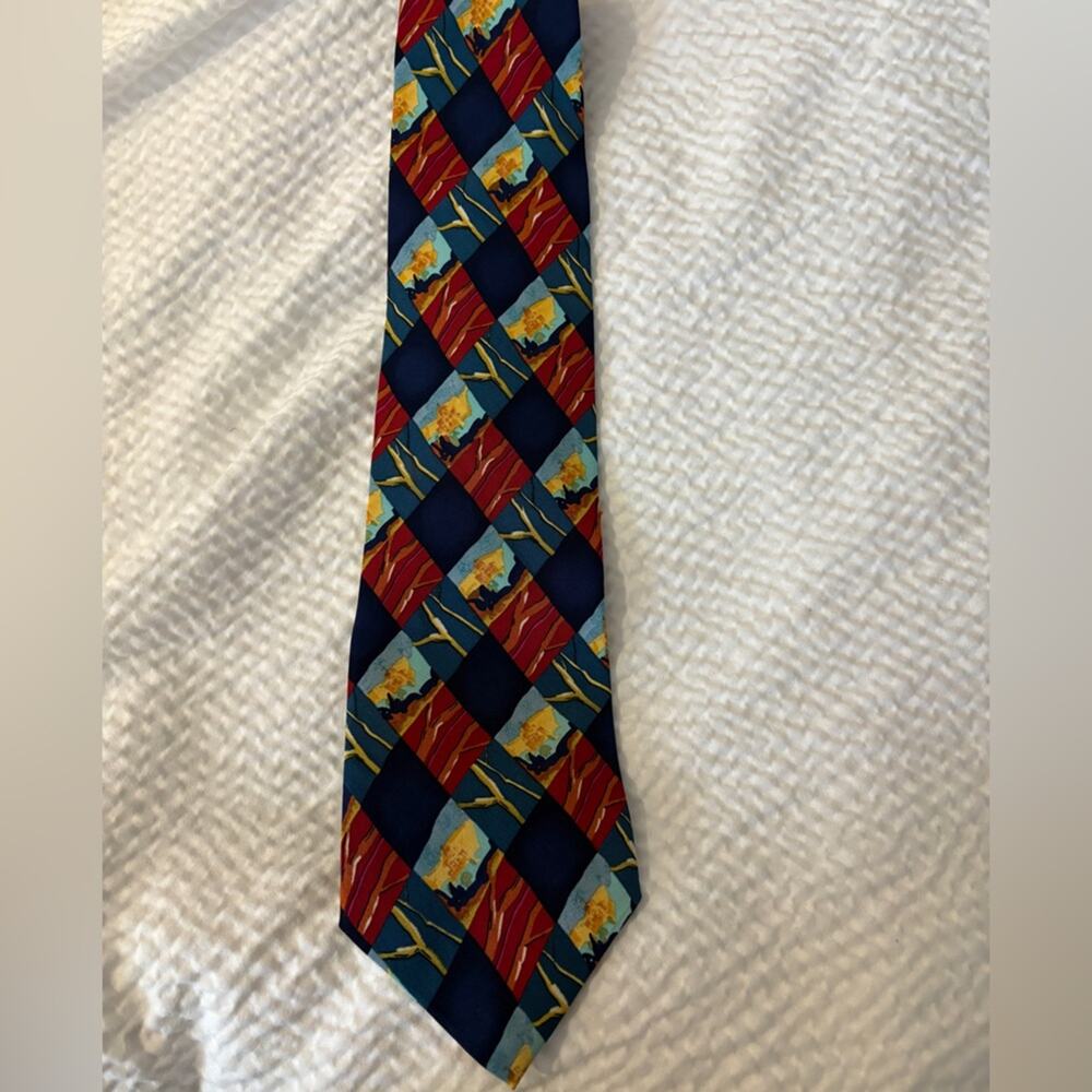 J Garcia Grateful Dead Red Blue Geometric Tie California Mission Vint 100% Silk